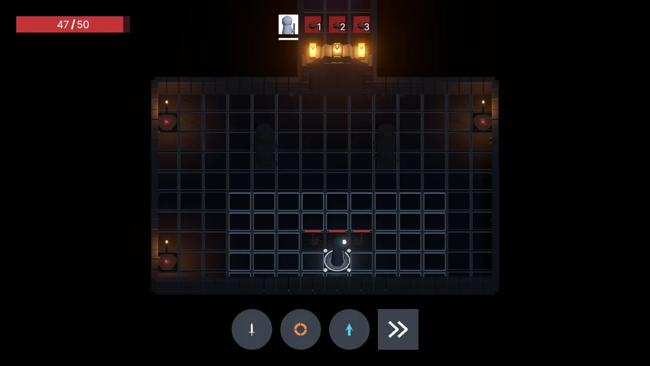 Arena A, the first wave of swarm enemies on the grid