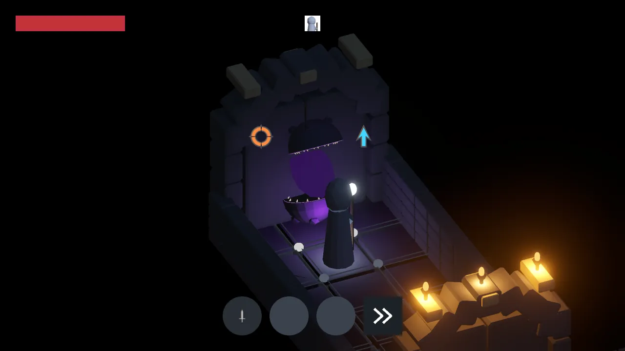 The corridor choice: the Devourer opens its mouth beside the two skill icons