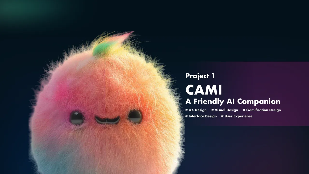 CAMI title slide: a fluffy AI companion character