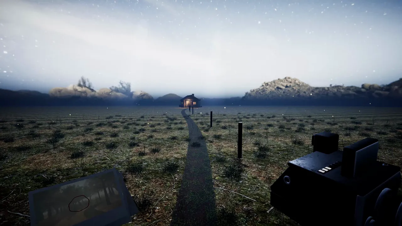 Leaving the forest: a worn track across the meadow to a lit cabin