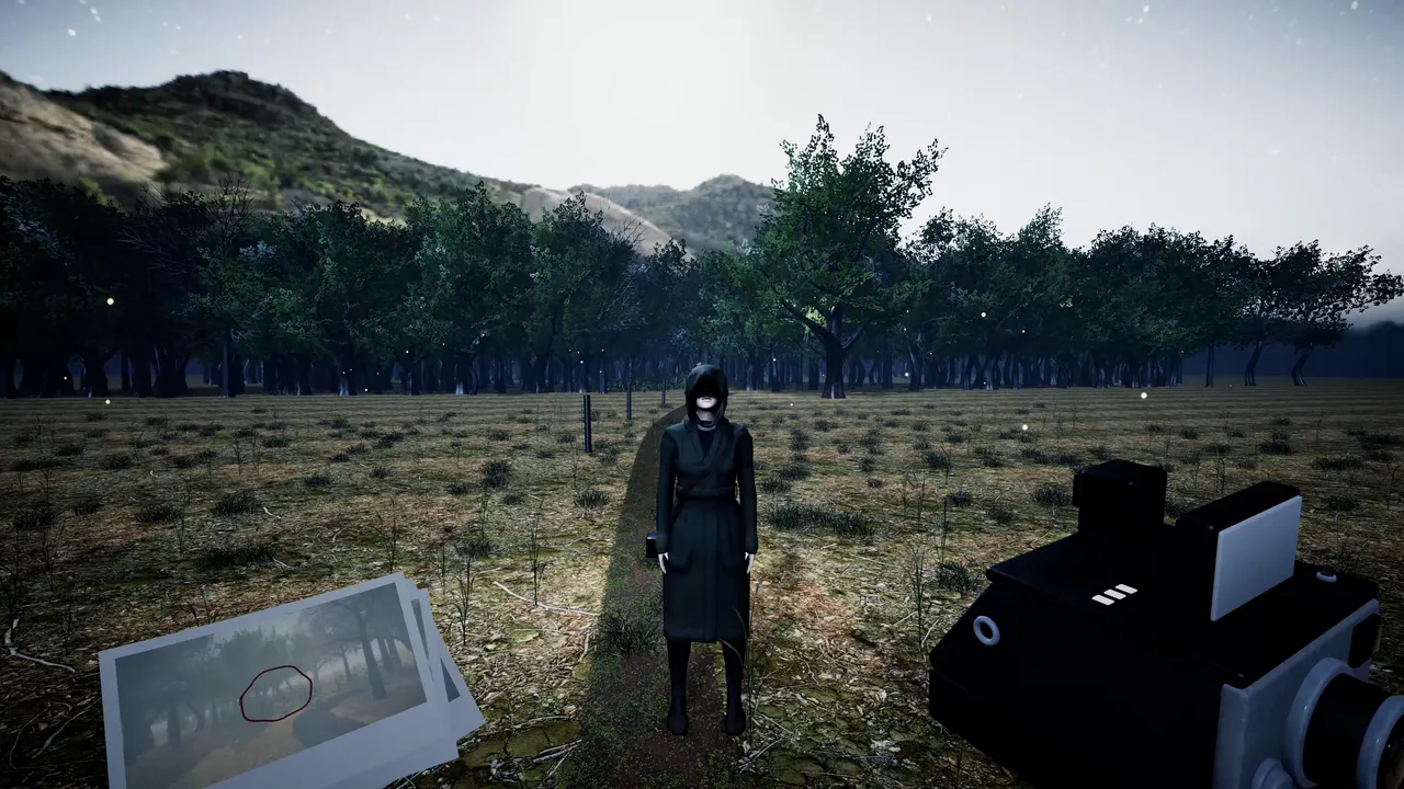 The ending: she is standing in the meadow, facing you